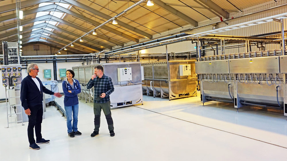 three people standing in a big hall with steel tanks and production equiment